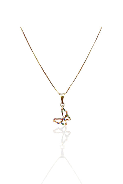 Colar Pingente Borboleta com Zircônia Colorida Banhado em Ouro 18k