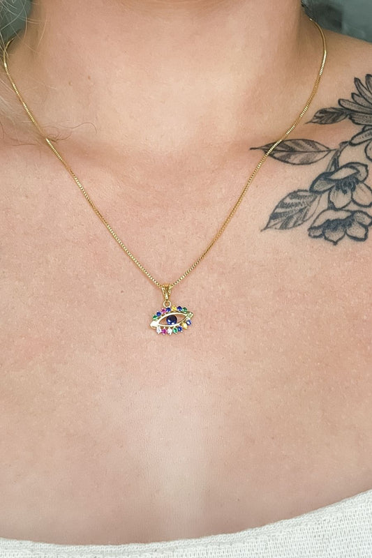 Colar Pingente Olho Grego com Zircônia Multicolor Banhado em Ouro 18k
