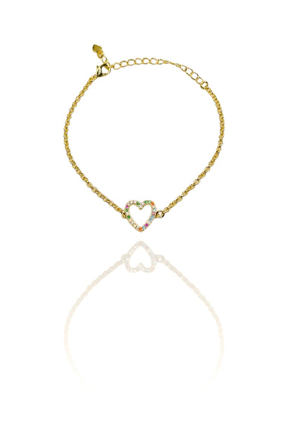 Pulseira Com Pingente De Coração Em Zircônias Coloridas Banhado em Ouro 18k