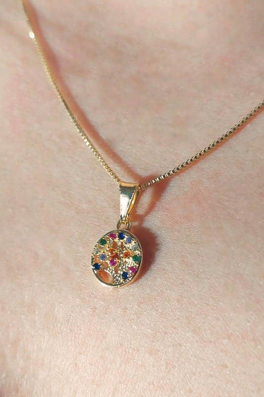 Colar Pingente Árvore da Vida com Zircônias Coloridas Banhado em Ouro 18k