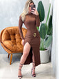 Vestido Midi em Ribana Manga Longa com Fivela e Fenda Mirian Ref. 1543