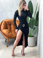 Vestido Midi em Ribana Manga Longa com Fivela e Fenda Mirian Ref. 1543