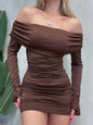 Vestido Curto em Suplex Manga Longa Ombro a Ombro Plissado Nayara Ref. 858
