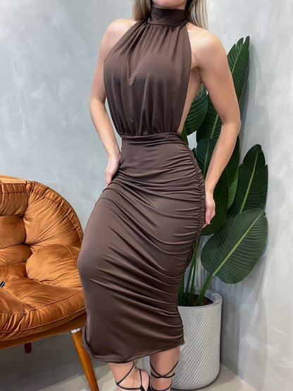 Vestido Midi em Suplex Frente Única Plissado Aline Ref. 1552