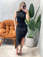 Vestido Midi em Suplex Regata Plissado com Gola Isis Ref. 1554