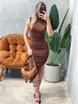 Vestido Midi em Suplex Regata Plissado com Gola Isis Ref. 1554