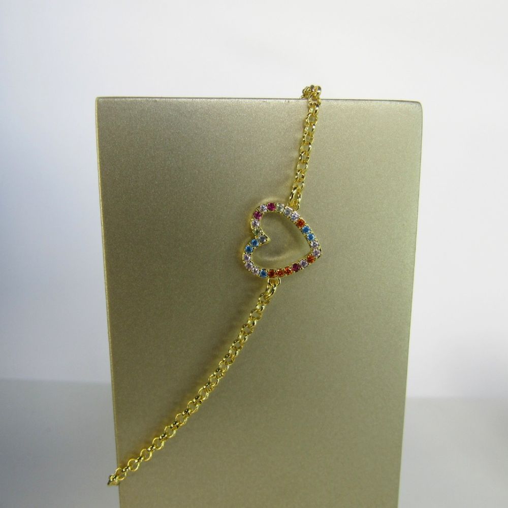 Pulseira Com Pingente De Coração Em Zircônias Coloridas Banhado em Ouro 18k