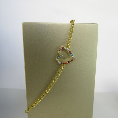 Pulseira Com Pingente De Coração Em Zircônias Coloridas Banhado em Ouro 18k