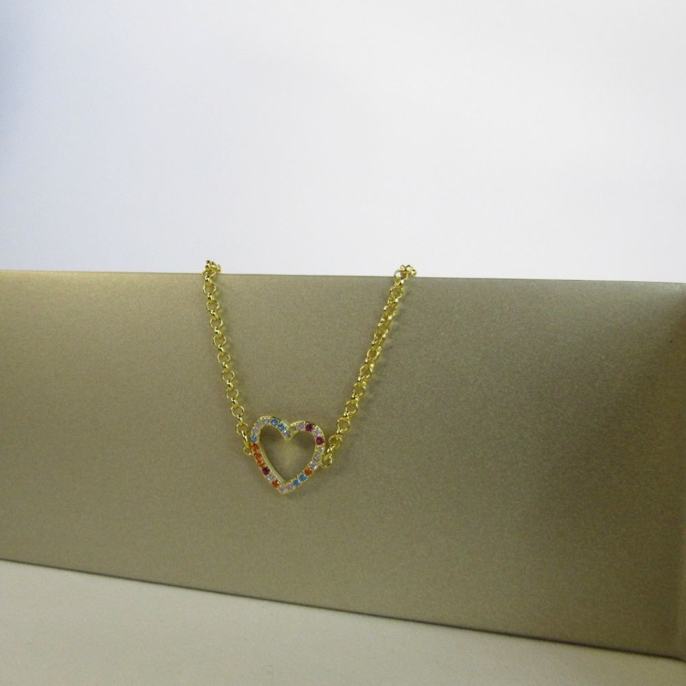 Pulseira Com Pingente De Coração Em Zircônias Coloridas Banhado em Ouro 18k