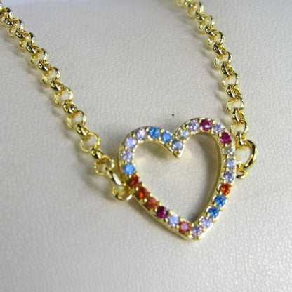Pulseira Com Pingente De Coração Em Zircônias Coloridas Banhado em Ouro 18k