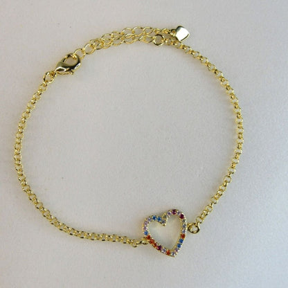Pulseira Com Pingente De Coração Em Zircônias Coloridas Banhado em Ouro 18k