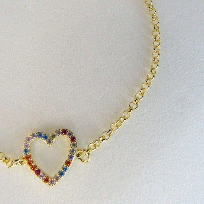 Pulseira Com Pingente De Coração Em Zircônias Coloridas Banhado em Ouro 18k