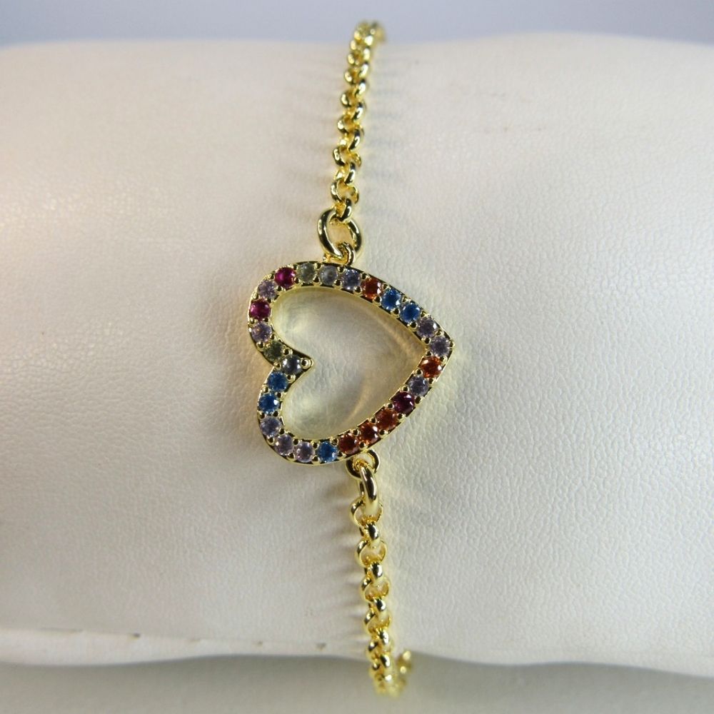 Pulseira Com Pingente De Coração Em Zircônias Coloridas Banhado em Ouro 18k