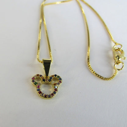 Colar Com Pingente Do Mickey De Zircônia Colorida Banhado em Ouro 18k