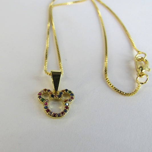 Colar Com Pingente Do Mickey De Zircônia Colorida Banhado em Ouro 18k
