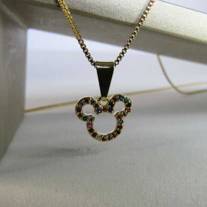Colar Com Pingente Do Mickey De Zircônia Colorida Banhado em Ouro 18k