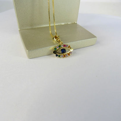 Colar Pingente Olho Grego com Zircônia Multicolor Banhado em Ouro 18k