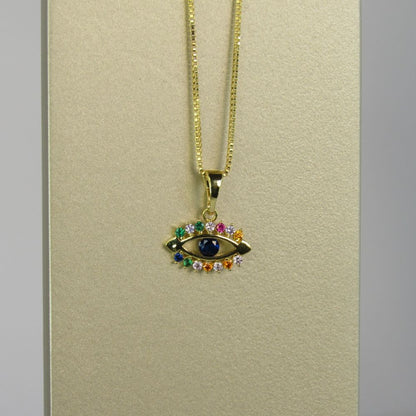 Colar Pingente Olho Grego com Zircônia Multicolor Banhado em Ouro 18k
