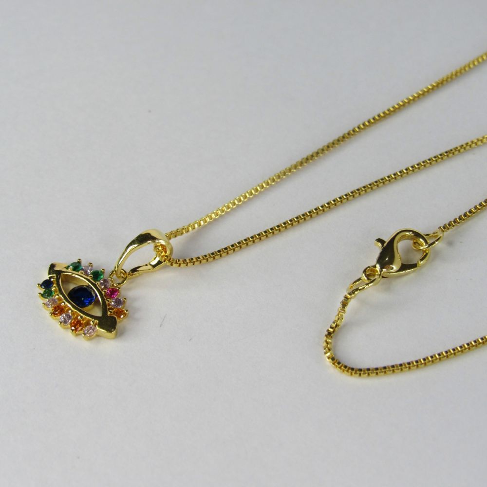 Colar Pingente Olho Grego com Zircônia Multicolor Banhado em Ouro 18k