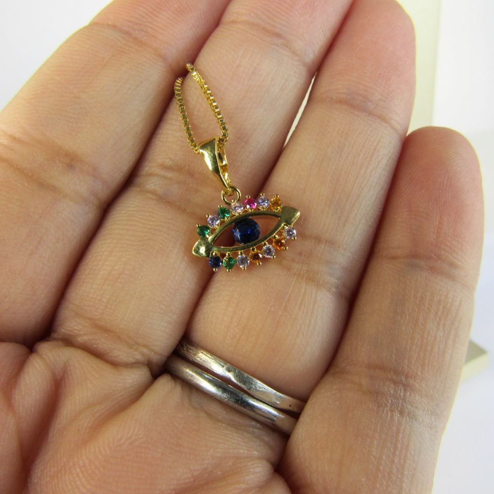 Colar Pingente Olho Grego com Zircônia Multicolor Banhado em Ouro 18k