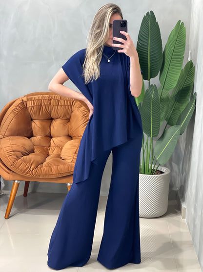 Conjunto em Anarruga Blusa Poncho Assimétrica e Calça Pantalona Sandra Ref. 16